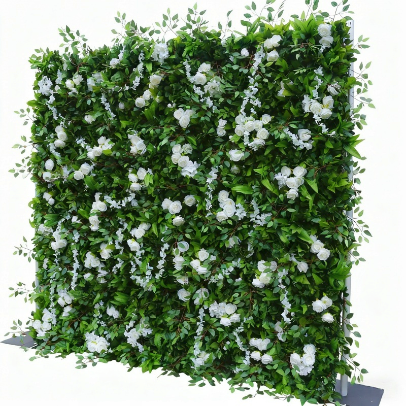Nordic Style Artificial Green Wall with White Blossoms Commercial Decor Panel
