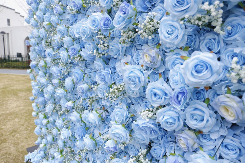 Light Blue Rose Artificial Flower Wall - Custom Size Faux Floral Backdrop for Wedding & Event Decor