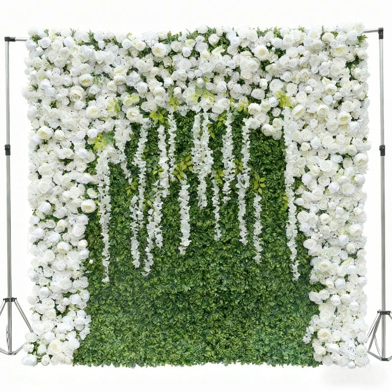 Custom White Flower & Greenery Wall Backdrop - Lifelike Artificial Floral Panel for Wedding & Event Decor