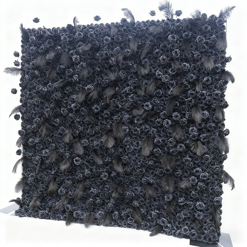 Black Artificial Flower Wall Panel - Faux Floral Backdrop for Events & Home Decor