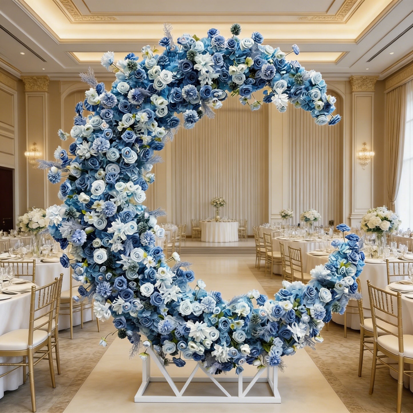 2x2m Blue & White Artificial Flower Moon Shaped Arch for Wedding Party Decor