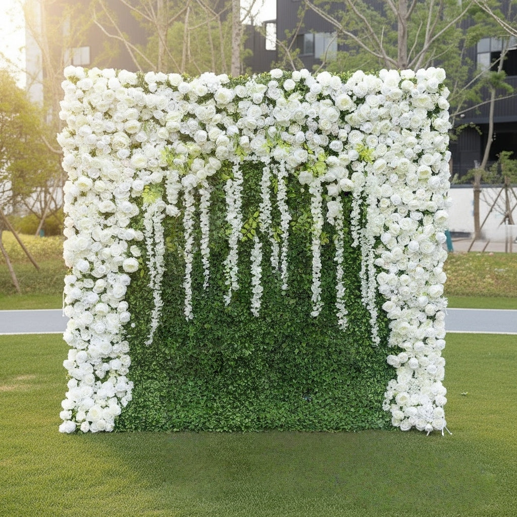 Custom White Flower & Greenery Wall Backdrop - Lifelike Artificial Floral Panel for Wedding & Event Decor