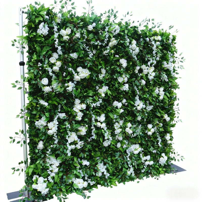 Nordic Style Artificial Green Wall with White Blossoms Commercial Decor Panel