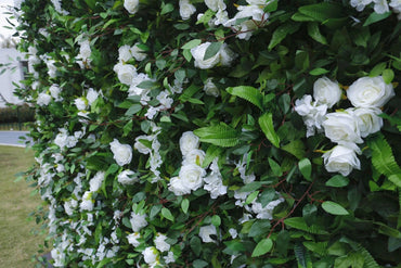 Nordic Style Artificial Green Wall with White Blossoms Commercial Decor Panel
