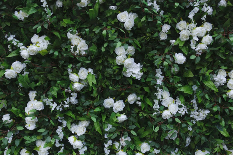 Nordic Style Artificial Green Wall with White Blossoms Commercial Decor Panel