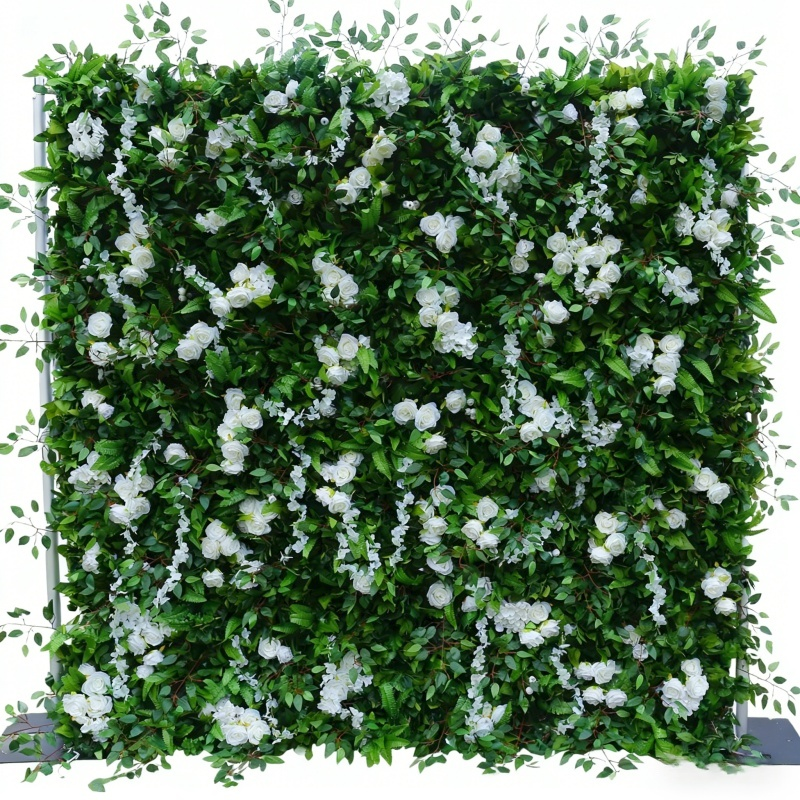 Nordic Style Artificial Green Wall with White Blossoms Commercial Decor Panel
