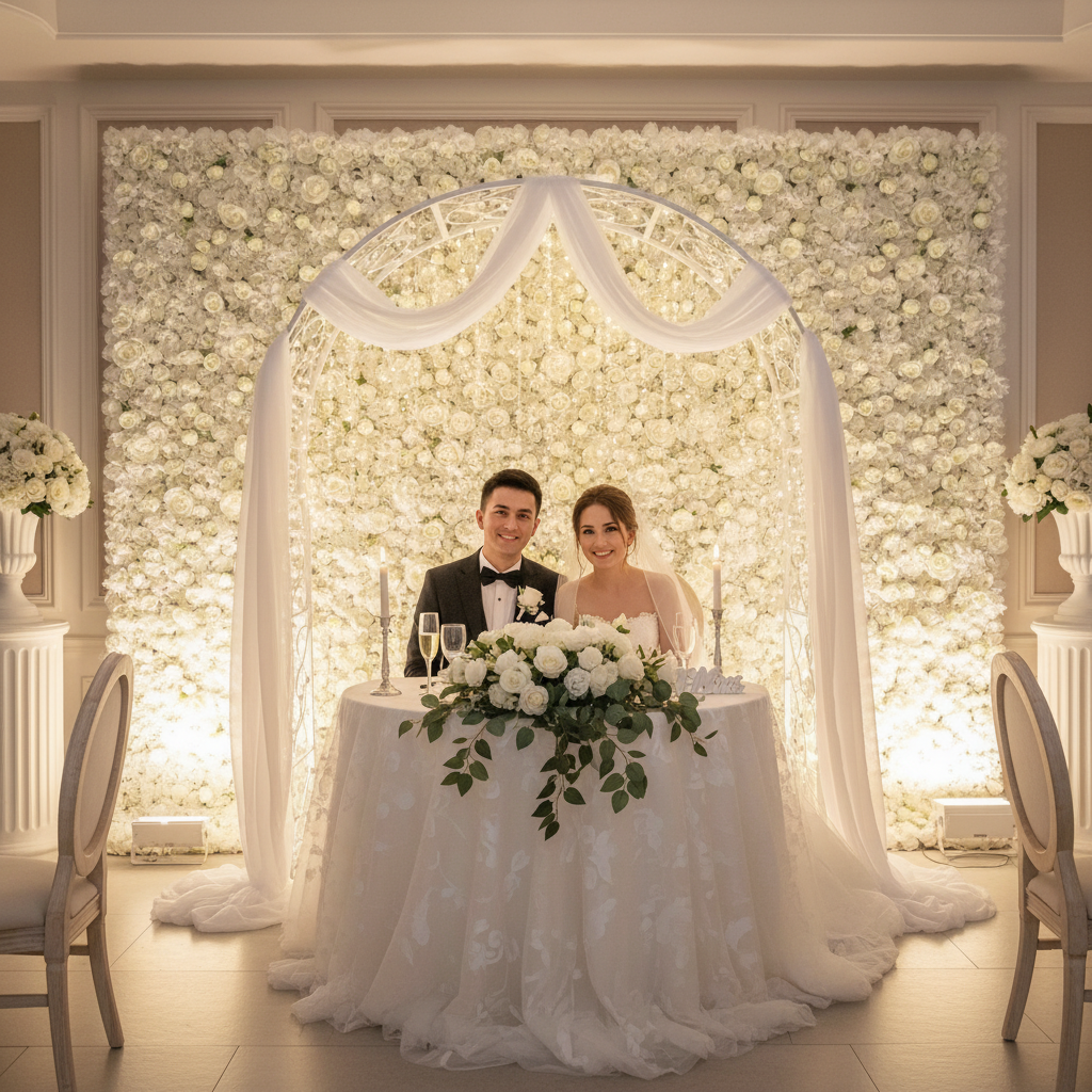 白色仿真花墙婚礼使用效果图