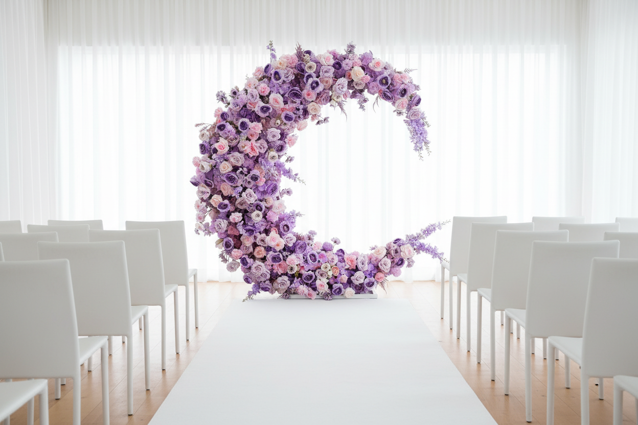 紫色月亮花艺拱门婚礼场景