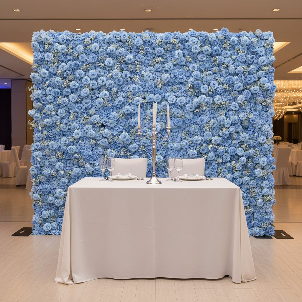 Light Blue Rose Artificial Flower Wall - Custom Size Faux Floral Backdrop for Wedding & Event Decor